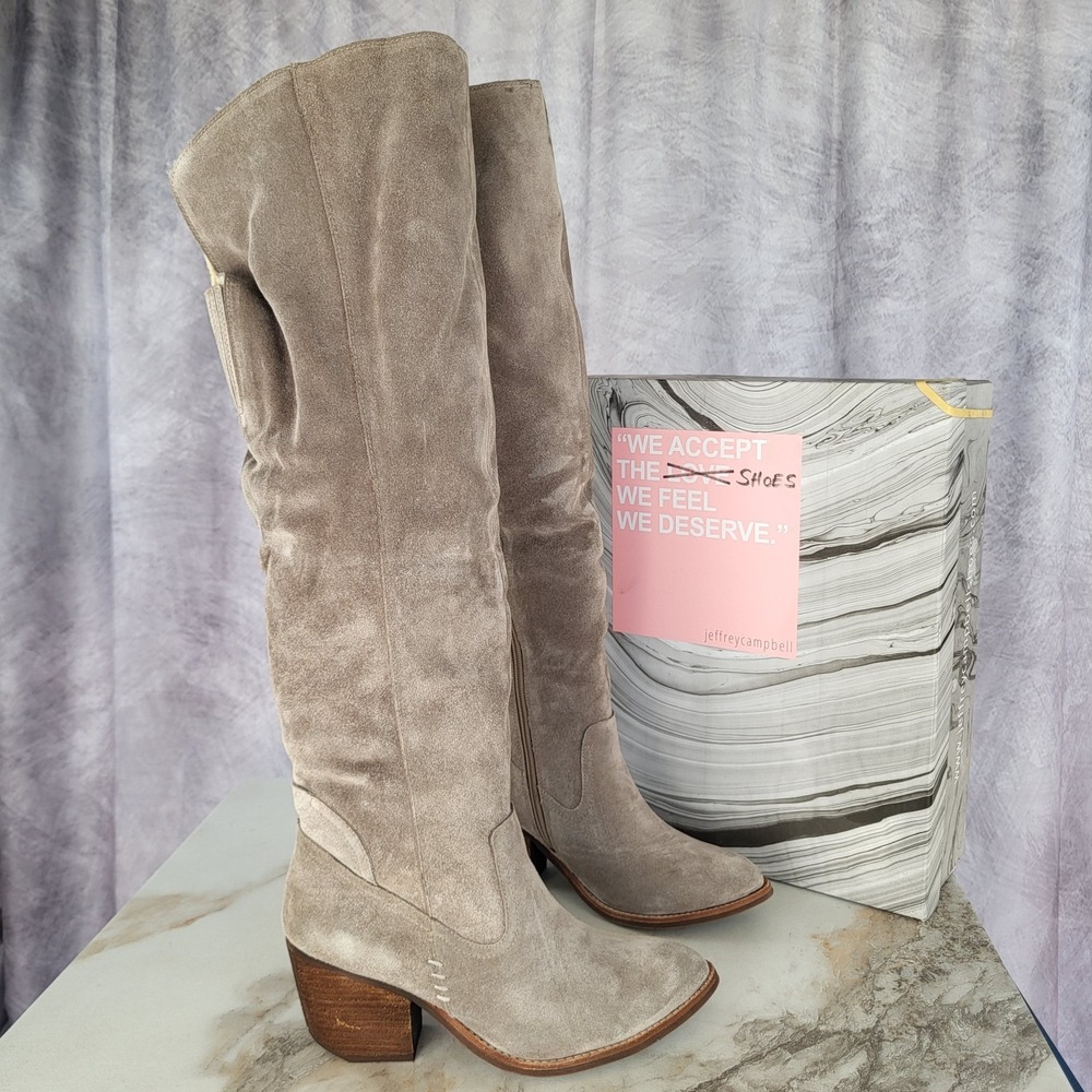 Jeffrey Campbell Size 7.5 Women's OAKMONT Taupe Distressed Suede Over Knee High